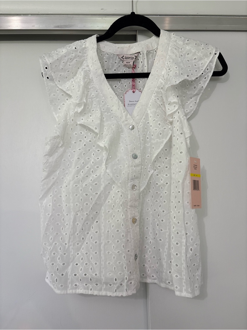NWT Nanette Lepore M White Eyelet Ruffle Sleeve Button-Front 100% Cotton Blouse